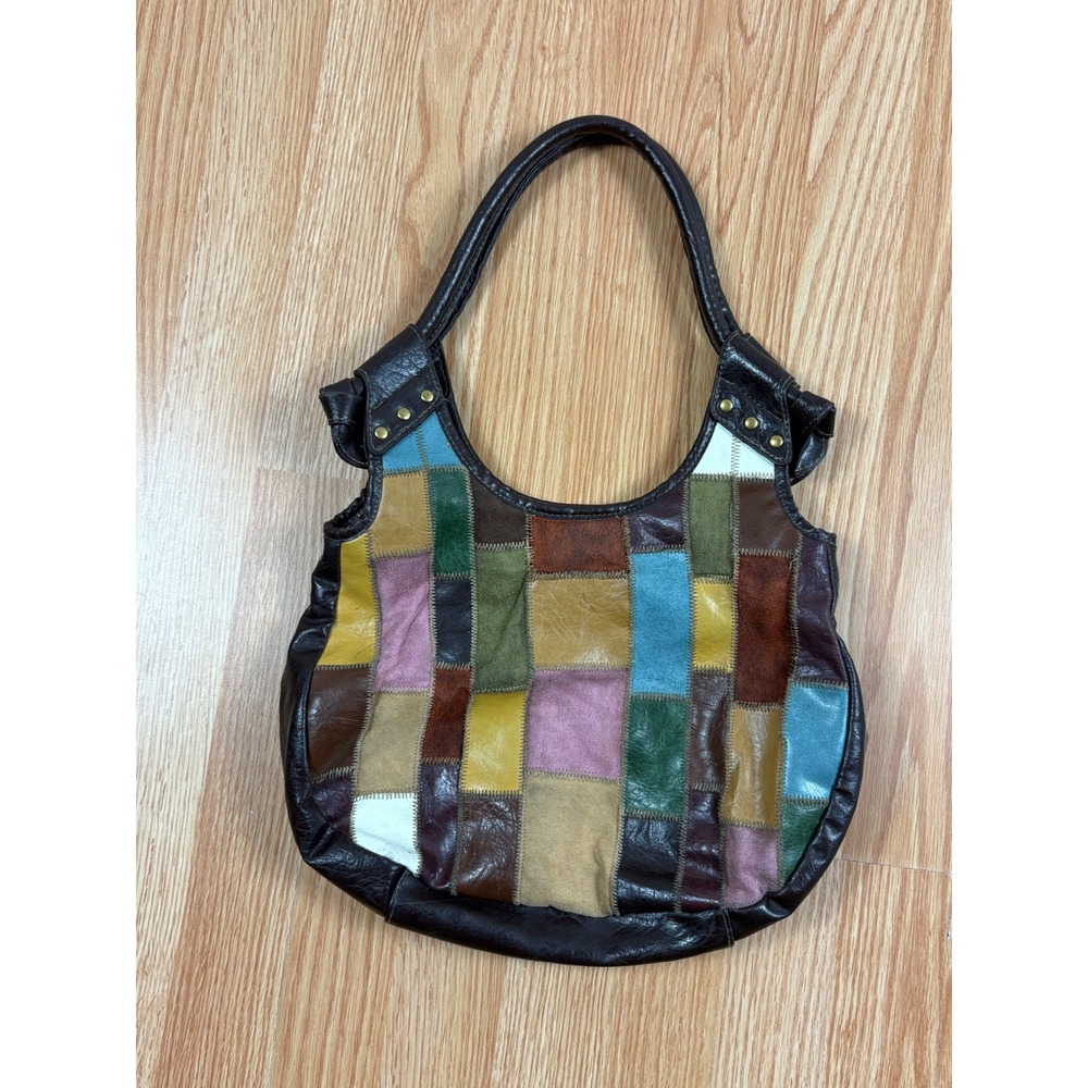 Vintage Patchwork Leather Hobo Bag Multi-Color Suede Brown Shoulder Tote